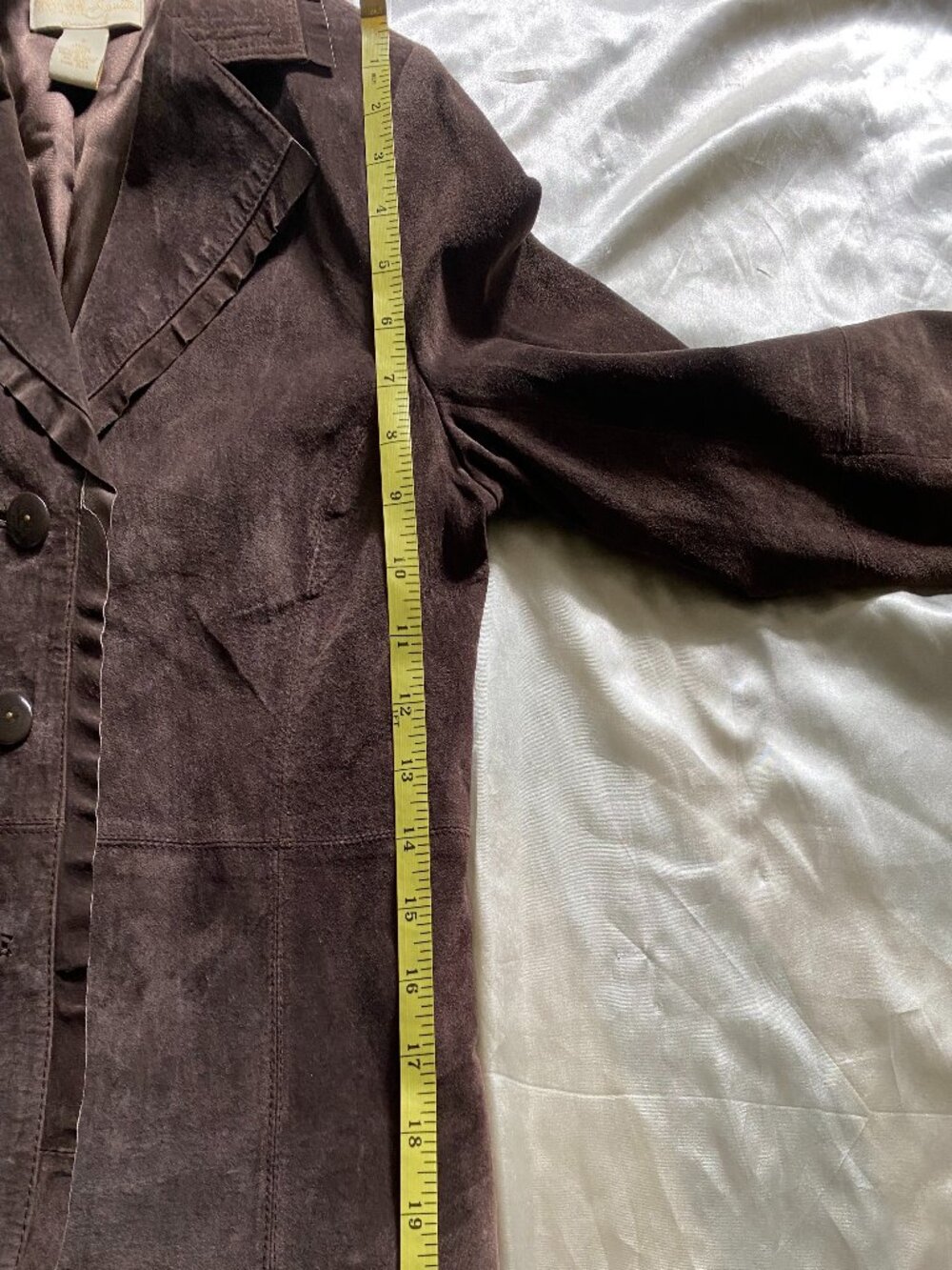 Vintage 1990s Parisian Chocolate Brown Suede Ruffle Blazer Small Boho Chic - Picture 6 of 8